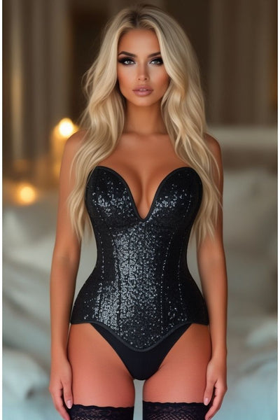 Top Drawer Steel Boned Black Sequin Plunge Neckline Overbust Corset