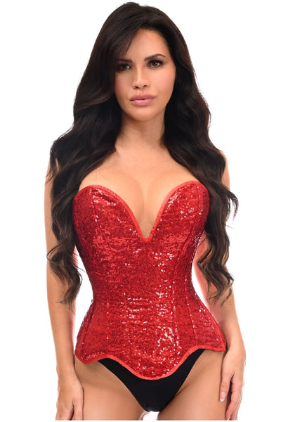 Top Drawer Steel Boned Red Sequin Plunge Neckline Overbust Corset