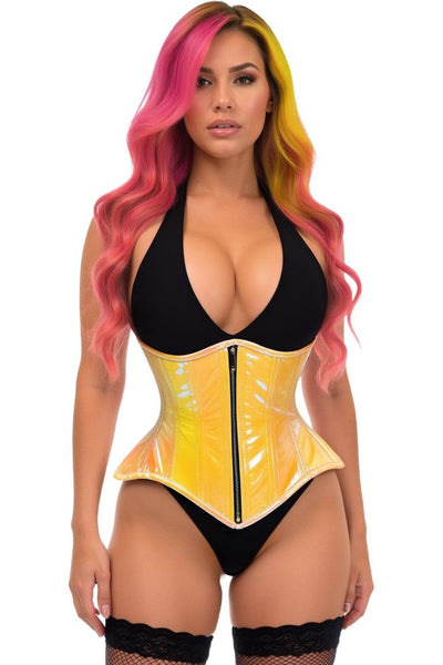 Top Drawer Yellow/Pink Holo Double Steel Boned Underbust Waist Cincher Corset