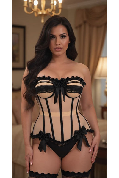 Top Drawer Steel Boned Nude & Black Mesh Underwire Bustier Corset