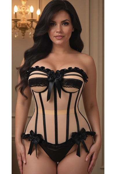 Top Drawer Steel Boned Nude & Black Mesh Underwire Bustier Corset