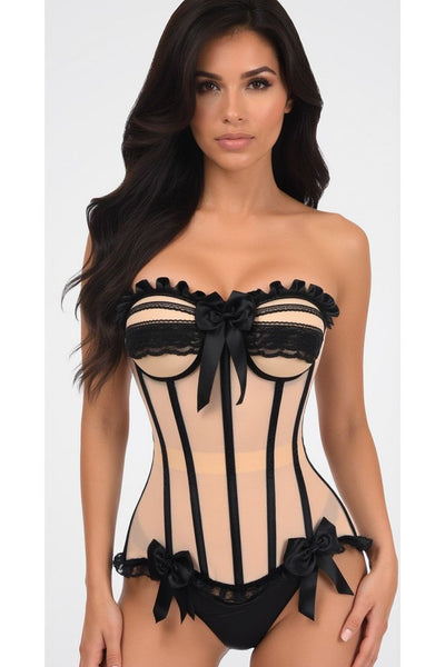 Top Drawer Steel Boned Nude & Black Mesh Underwire Bustier Corset