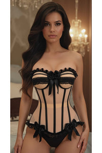 Top Drawer Steel Boned Nude & Black Mesh Underwire Bustier Corset