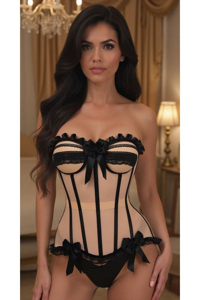 Top Drawer Steel Boned Nude & Black Mesh Underwire Bustier Corset