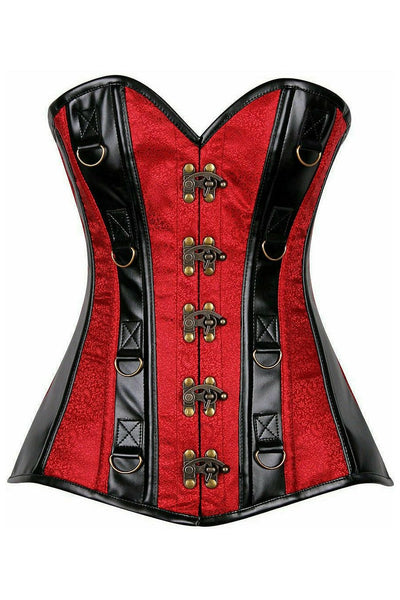 Top Drawer Wine Brocade & Faux Leather Steel Boned Corset