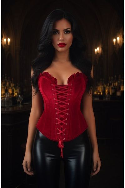 Top Drawer Dark Red Velvet Lace-Up Steel Boned Overbust Corset