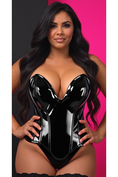 Top Drawer Steel Boned Black Patent Plunge Neckline Overbust Corset