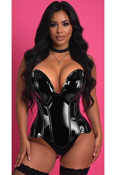 Top Drawer Steel Boned Black Patent Plunge Neckline Overbust Corset