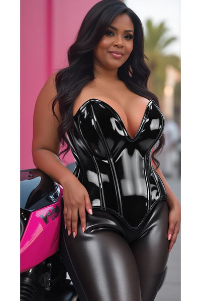 Top Drawer Steel Boned Black Patent Plunge Neckline Overbust Corset