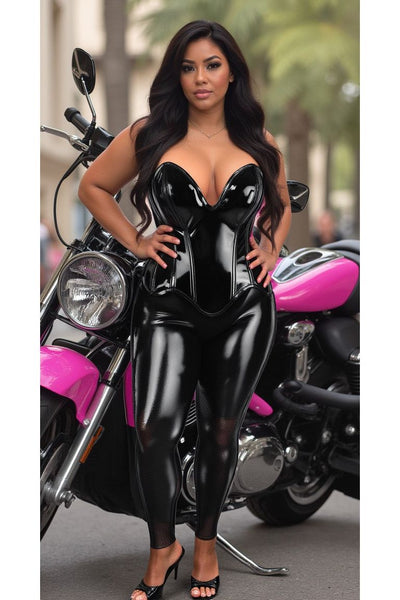 Top Drawer Steel Boned Black Patent Plunge Neckline Overbust Corset