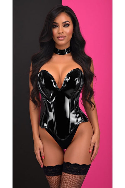Top Drawer Steel Boned Black Patent Plunge Neckline Overbust Corset