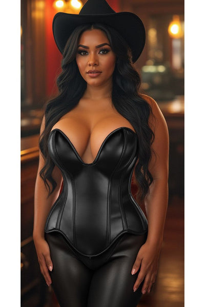 Top Drawer Steel Boned Black Faux Leather Plunge Neckline Overbust Corset