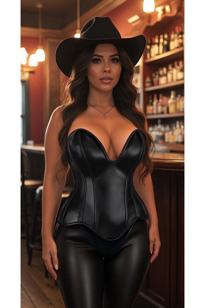 Top Drawer Steel Boned Black Faux Leather Plunge Neckline Overbust Corset
