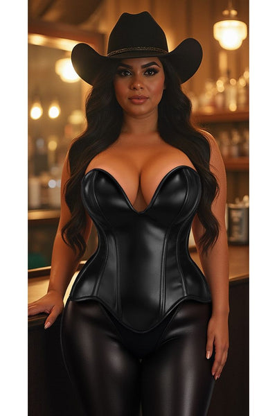 Top Drawer Steel Boned Black Faux Leather Plunge Neckline Overbust Corset