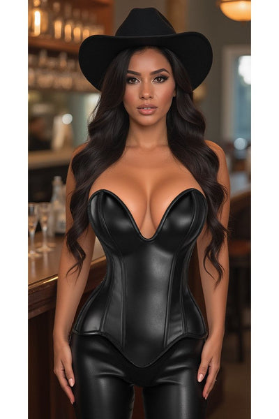 Top Drawer Steel Boned Black Faux Leather Plunge Neckline Overbust Corset