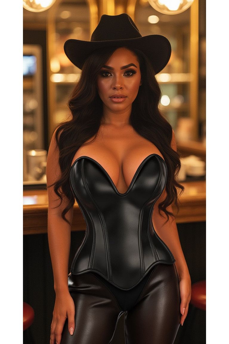 Top Drawer Steel Boned Black Faux Leather Plunge Neckline Overbust Corset