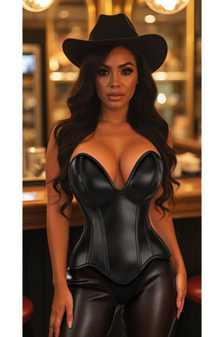 Top Drawer Steel Boned Black Faux Leather Plunge Neckline Overbust Corset