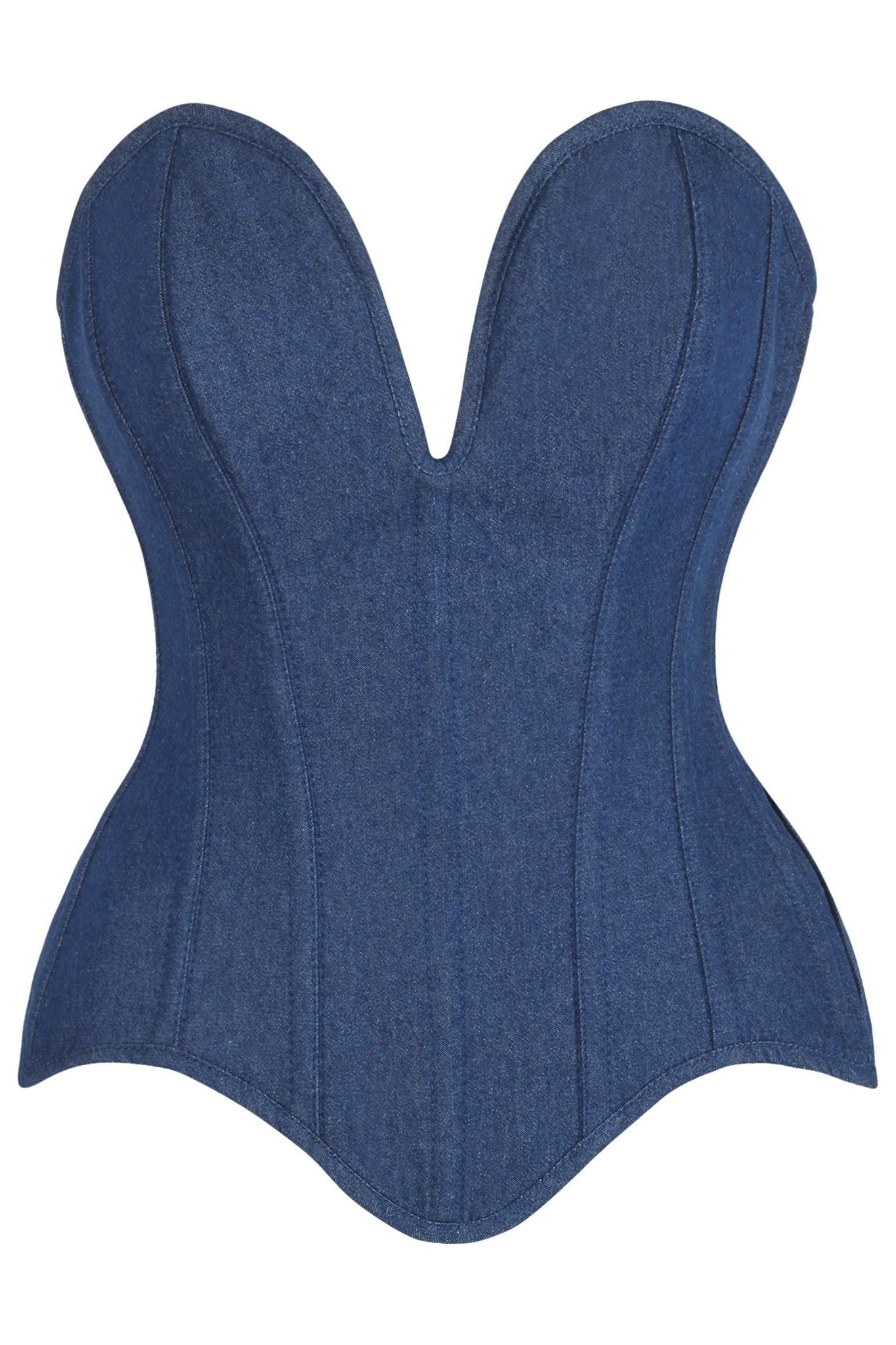 Top Drawer Steel Boned Dark Blue Denim Plunge Neckline Overbust Corset
