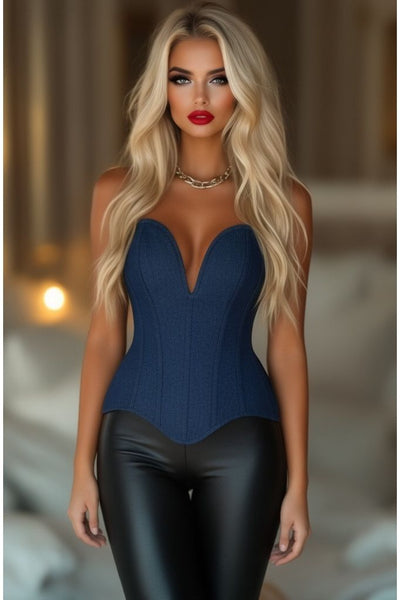 Top Drawer Steel Boned Dark Blue Denim Plunge Neckline Overbust Corset