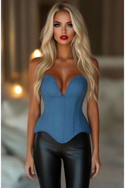 Top Drawer Steel Boned Blue Denim Plunge Neckline Overbust Corset