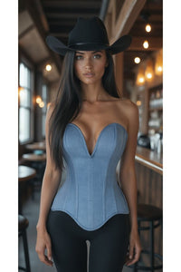 Top Drawer Steel Boned Light Blue Denim Plunge Neckline Overbust Corset
