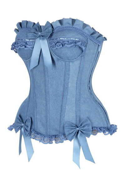 Top Drawer Blue Denim Underwire Steel Boned Burlesque Corset w/Bows