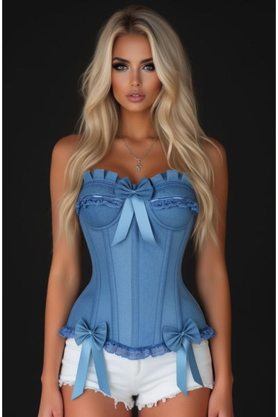 LIMITED EDITION Top Drawer Blue Denim Underwire Steel Boned Burlesque Corset w/Bows