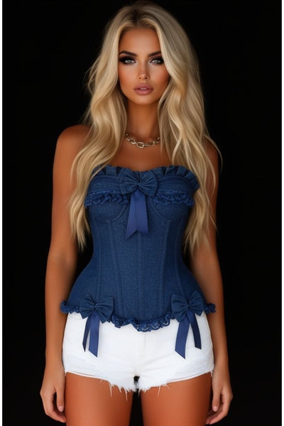 Top Drawer Dark Blue Denim Underwire Steel Boned Burlesque Corset w/Bows