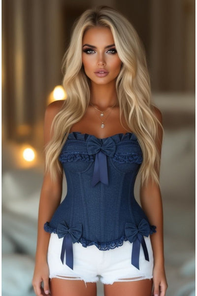 Top Drawer Dark Blue Denim Underwire Steel Boned Burlesque Corset w/Bows