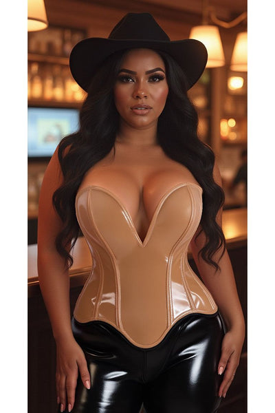 Top Drawer Steel Boned Caramel Patent Plunge Neckline Overbust Corset