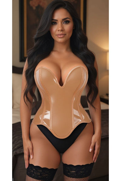 Top Drawer Steel Boned Caramel Patent Plunge Neckline Overbust Corset