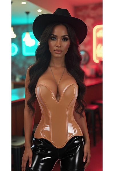 Top Drawer Steel Boned Caramel Patent Plunge Neckline Overbust Corset