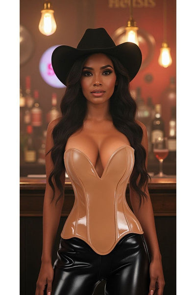 LIMITED EDITION Top Drawer Steel Boned Caramel Patent Plunge Neckline Overbust Corset