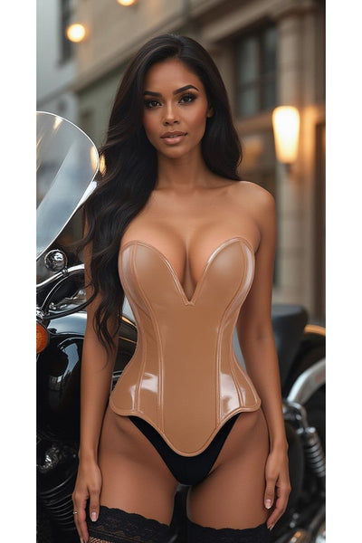 Top Drawer Steel Boned Caramel Patent Plunge Neckline Overbust Corset