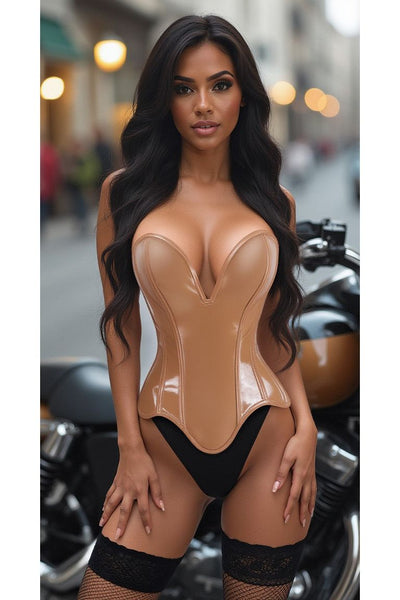 Top Drawer Steel Boned Caramel Patent Plunge Neckline Overbust Corset