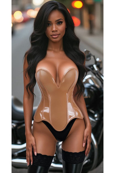 Top Drawer Steel Boned Caramel Patent Plunge Neckline Overbust Corset