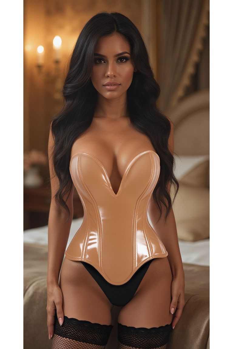 Top Drawer Steel Boned Caramel Patent Plunge Neckline Overbust Corset