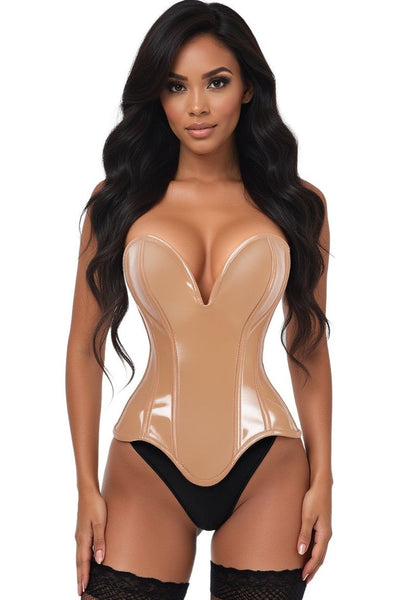 Top Drawer Steel Boned Caramel Patent Plunge Neckline Overbust Corset