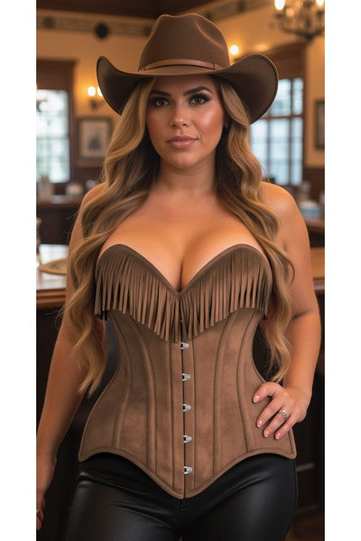 Top Drawer Tan Suede Steel Boned Overbust Corset w/Fringe