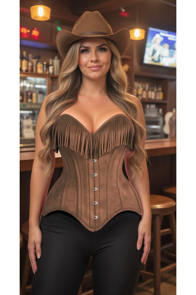Top Drawer Tan Suede Steel Boned Overbust Corset w/Fringe