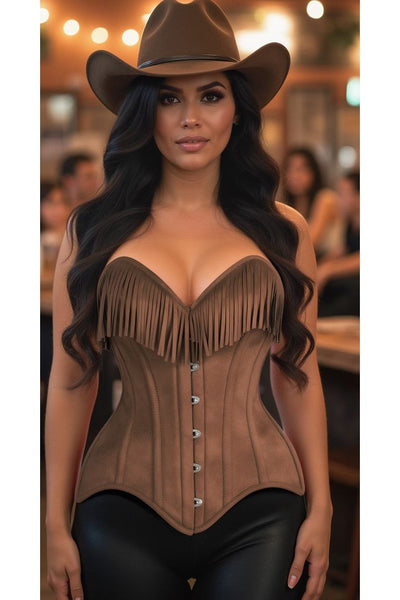 Top Drawer Tan Suede Steel Boned Overbust Corset w/Fringe