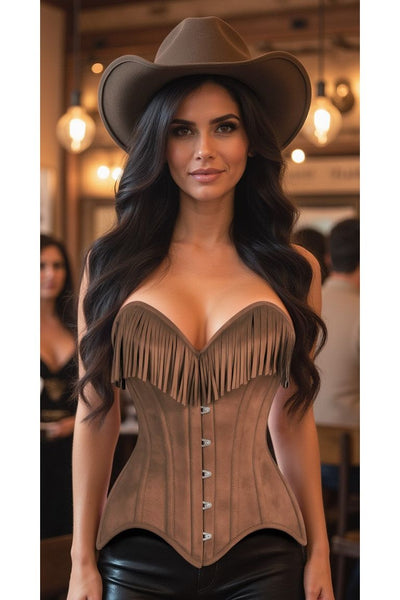 Top Drawer Tan Suede Steel Boned Overbust Corset w/Fringe
