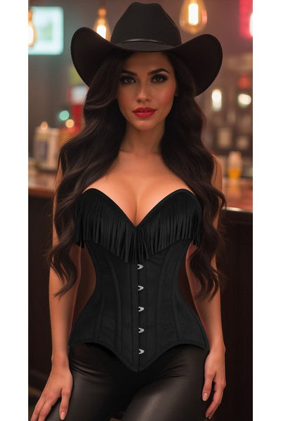 Top Drawer Black Suede Steel Boned Overbust Corset w/Fringe