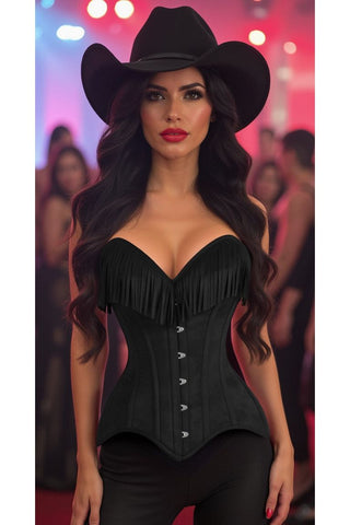 Top Drawer Black Suede Steel Boned Overbust Corset w/Fringe
