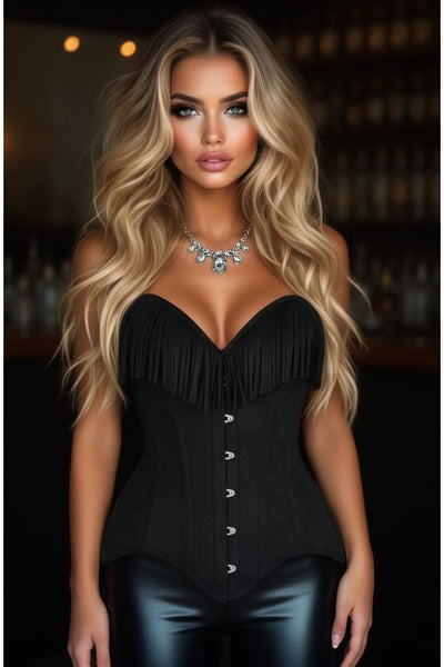 Top Drawer Black Suede Steel Boned Overbust Corset w/Fringe