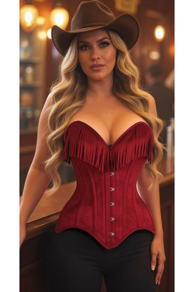 Top Drawer Red Suede Steel Boned Overbust Corset w/Fringe
