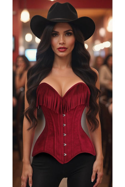 Top Drawer Red Suede Steel Boned Overbust Corset w/Fringe