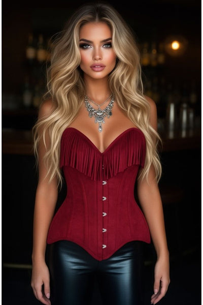 Top Drawer Red Suede Steel Boned Overbust Corset w/Fringe