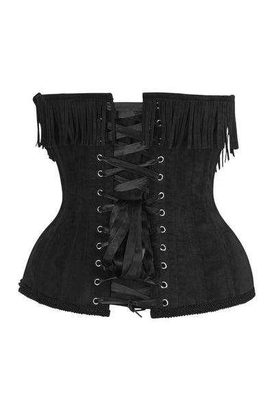 Top Drawer Steel Boned Black Suede Underwire Underbust Corset Cincher w/Fringe