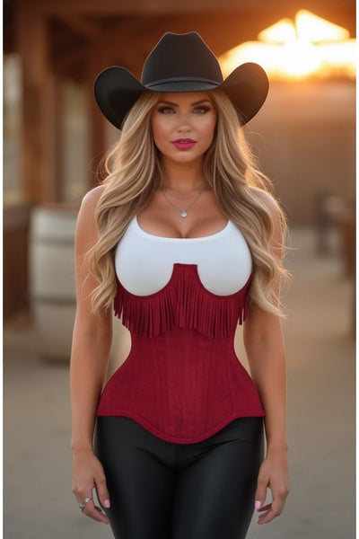 Top Drawer Steel Boned Red Suede Underwire Underbust Corset Cincher w/Fringe